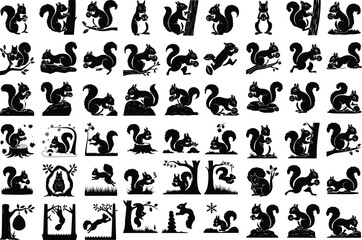 Nut-Holding Squirrel Vector Silhouette – Cute Wildlife Icons Squirrel Holding Nut Silhouette Set – Forest Animal Icon Pack
