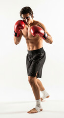 Young Boxer in Red Gloves Ready to Fight on white background
