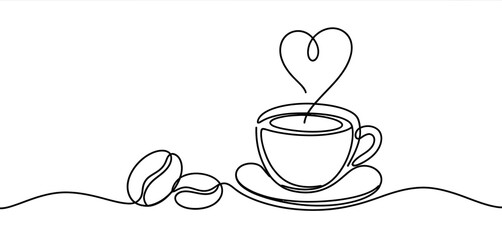 Single Line Drawing of Coffee Cup with Heart Steam and Beans