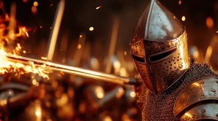 A knight clad in shining armor stands poised for battle against a backdrop of flames and chaos, symbolizing courage, strength, and the timeless struggle between good and evil.