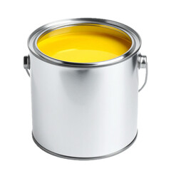 Open Paint can with yellow paint isolated on white