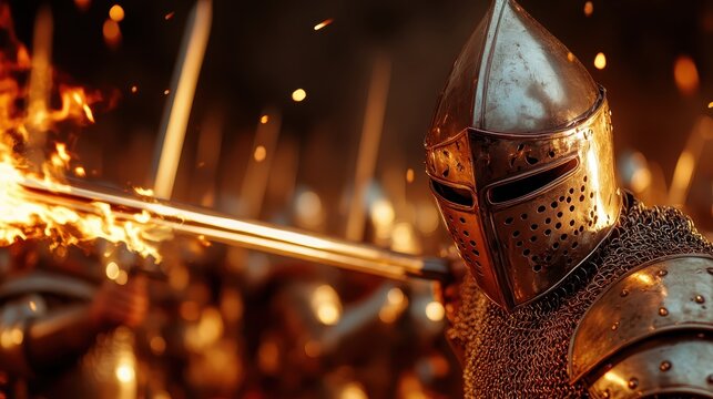 A knight clad in shining armor stands poised for battle against a backdrop of flames and chaos, symbolizing courage, strength, and the timeless struggle between good and evil.
