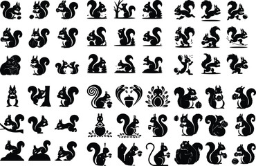 Nut-Holding Squirrel Vector Silhouette – Cute Wildlife Icons Squirrel Holding Nut Silhouette Set – Forest Animal Icon Pack