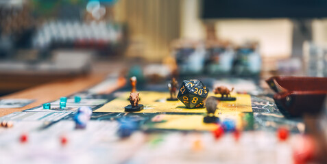 Old school game style with dice role playing tabletop and board games hobby