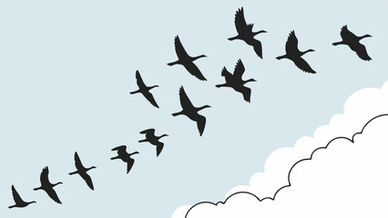 Obraz premium Black silhouette vector illustration of migratory birds flying in V-formation across a blue sky with white clouds, symbolizing teamwork and journey.