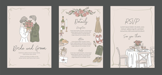 Collection of Romantic Wedding Occasion Invitation template Hand drawn style illustration design of Bride and Groom with Table setting and details
