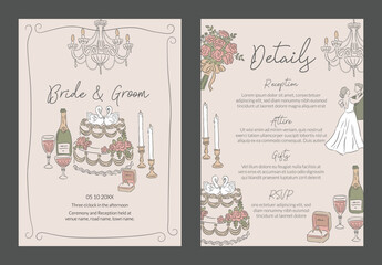 Collection of Romantic Wedding Occasion Invitation template Hand drawn style illustration design of cake and party