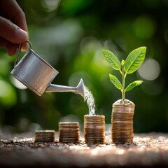 Growing Investment:  A Miniature Watering Can Gently Nurturing a Sapling Emerging from a Stack of Coins, Symbolizing Financial Growth and Prosperity Amidst a Lush Green Background