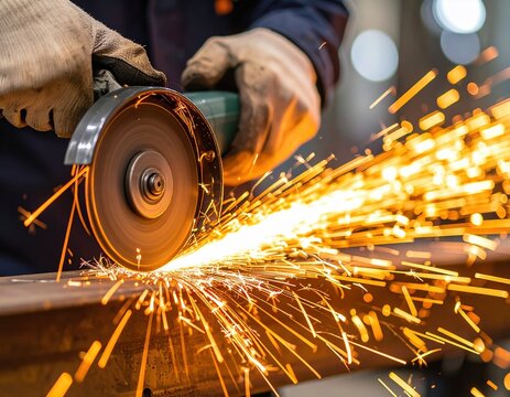 Close-up of grinding machine with sparks flying during metalwork