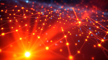a digital network with glowing nodes connected by bright orange lines