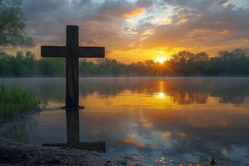 Sunrise Reflection: A Wooden Cross by the Lake on a Misty Morning, Evoking Faith, Peace, and the Hope of Easter. A Scene of Serenity and New Beginnings.