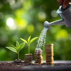 Watering Growing Money: Financial Growth and Investment Concept