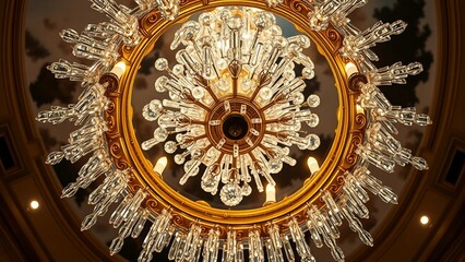 Fototapeta premium Luxurious chandelier designed with intricate details, featuring crystals and golden accents. The image conveys opulence and classical elegance, emphasizing sophistication and beauty in architectural d