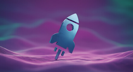 Fototapeta premium Stylized 3D blue and purple rocket taking off. Represents space exploration, innovation, ambition, or technology. Futuristic, dynamic, and inspiring.