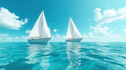 Fototapeta premium Two graceful yachts sail serenely on sparkling turquoise waters under a bright sky, encapsulating the essence of adventure, freedom, and tranquility on the open sea.