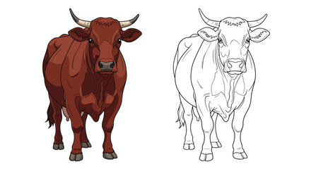 Fototapeta premium Eringer Cow Coloring Page Featuring Realistic Colored and Clear Outline Bovine Design