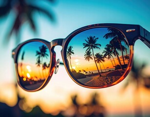 Tropical beach sunset reflected in stylish sunglasses