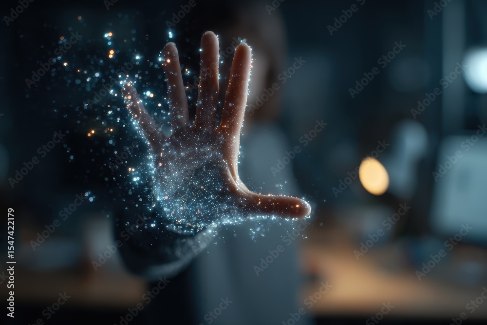 Poster a mesmerizing digital art piece showing a hand dissolving into sparkling particles, illustrating the