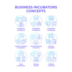 Business incubators blue gradient concept icons. Venture capital, funding. Academic, nonprofit. Icon pack. Vector images. Round shape illustrations for infographic, brochure. Abstract idea