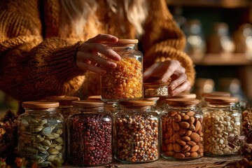 A woman's hands holding a glass jar with grains over other jars filled with nuts and seeds creating an inviting, healthy and natural home food storage scene.