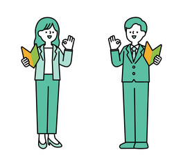 初心者マークを持ってポジティブなポーズをとるビジネスパーソンの全身イラスト素材