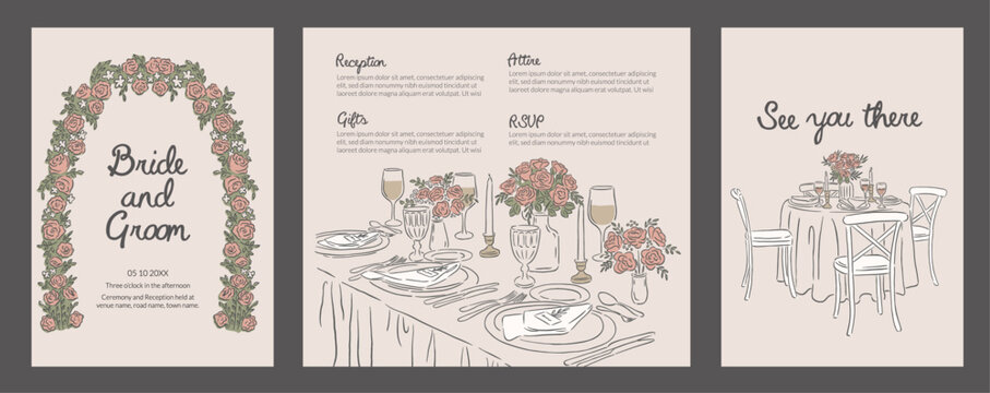 Collection of Romantic Wedding Occasion Invitation template Hand drawn style illustration design of reception table setting