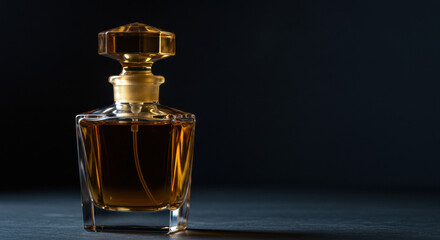 Elegant perfume bottle on dark background
