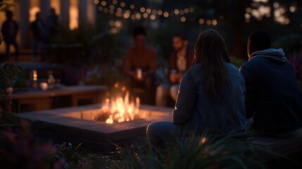 Evening gathering around a cozy fire pit in a garden setting during twilight with friends sharing stories and laughter