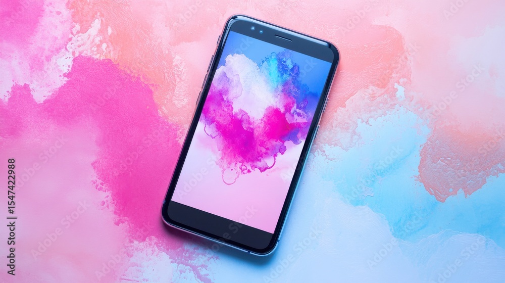 Poster smartphone displaying serene abstract watercolor image indoors