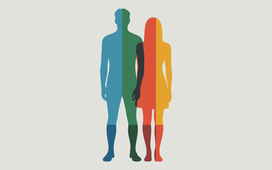 Obraz premium Colorful Silhouette of Man and Woman Blue, Green, Red, and Yellow Design on Light Gray