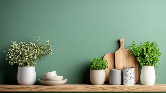 A stylish arrangement of ceramic tableware and potted plants on a wooden shelf against a green wall, emphasizing modern design, minimalism, and the beauty of nature indoors.