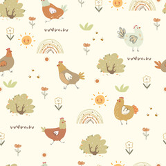 Cute seamless hand drawn pattern with chicken,bees, plants, sun, , rainbows and flowers. Vector illustration with cute farm animals and plants	