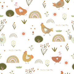 Seamless hand drawn pattern with chicken, plants, flowers, rainbows and hearts. Vector illustration with cute farm animals and plants	