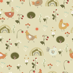 Seamless pattern with chickens, strawberries, plants, bees and rainbows. Vector illustration with cute animals and plants.