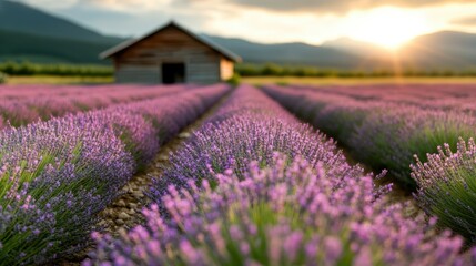 Obraz premium Beautiful lavender fields stretch towards a rustic cabin as the sun sets, creating a serene scene filled with soft purple hues, evoking peace and tranquility in nature.