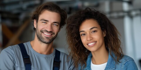 Fototapeta premium Smiling caucasian male adult and african female young in casual wear indoors