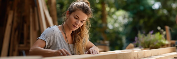Young caucasian female carpenter crafting wood outdoors in nature