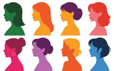 Colorful Silhouettes of Women's Heads in Profile View Displaying Various Hairstyles and Hair Colors