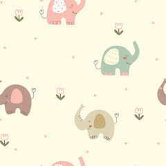 Seamless pattern with cute hand drawn elephants, tulips and hearts. Vector illustration with animals and flowers.