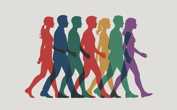 Colorful Silhouettes of Walking People Diversity, Health, and Movement Depicted in an Abstract Design