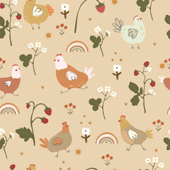 Chickens pattern with bees, strawberries, flowers and rainbows, seamless pattern. Vector illustration with animalsand plants, hand drawn pattern.