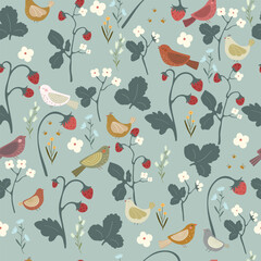 Pattern with  flowers, leaves, strawberries and  birds. Vector illustration with strawberries and animals, seamless pattern.
