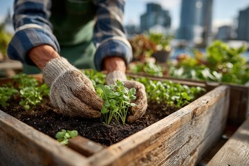 Fototapeta premium Close-up of farmer planting seedlings in a raised garden bed with city skyline, emphasizing sustainable urban farming and local food production in a wooden container.