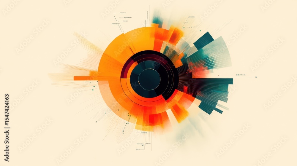 Poster circular abstract graphic with concentric rings in orange and teal