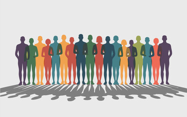 Diverse Group of People Standing Together Silhouetted with Shadows Against Cream Background