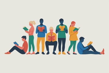 Diverse People Reading Books in a Row, Modern Illustration Style on Light Background