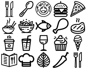 Set of Minimalist Black and White Vector Illustration of Restaurant Menu Essentials