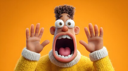 3D Cartoon Character with Shocked Expression – Funny Stylized Man with Wide Open Mouth, Big Eyes, and Raised Hands on Vibrant Orange Background