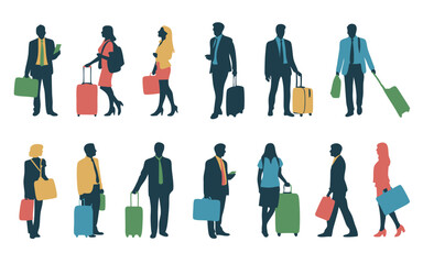Silhouette Group of Traveling People with Luggage and Bags on White Background Stock Illustration