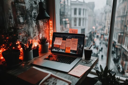 Laptop with sticky notes on a wooden table in a cozy workspace with a city view. - Powered by Adobe